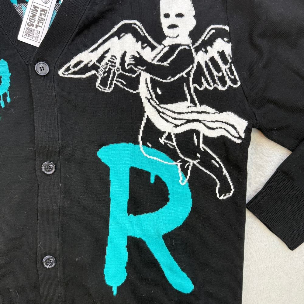 Rebel Minds Cardigan Sweater Mens XL Black Graffiti Cherub Angel Streetwear NEW - Picture 4 of 6